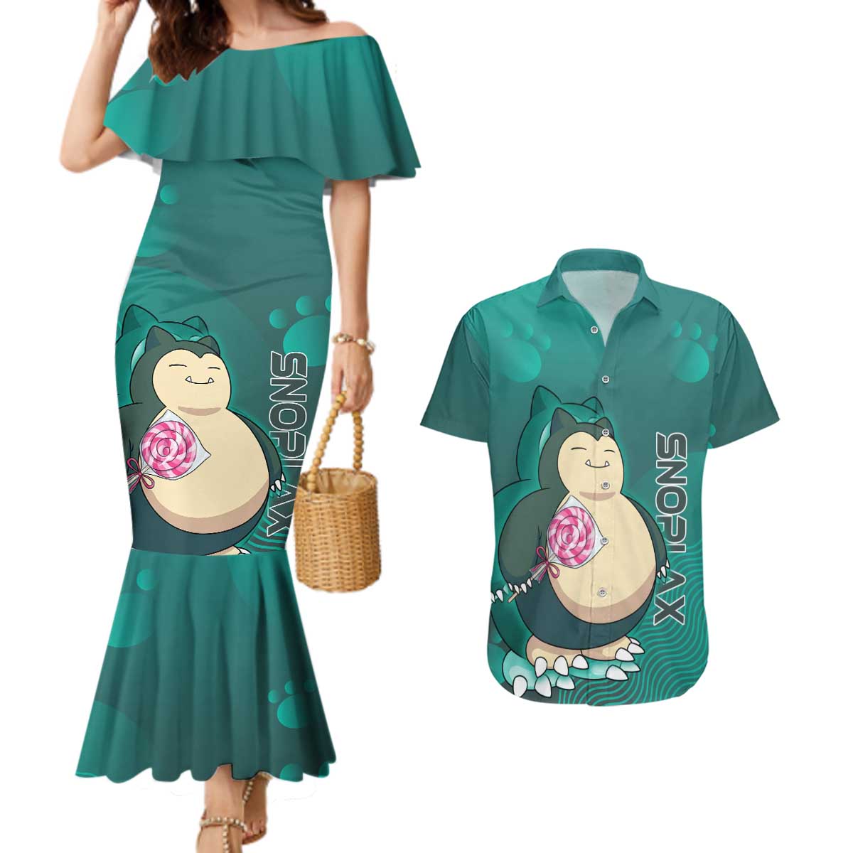 Snorlax Poké Couples Matching Mermaid Dress and Hawaiian Shirt Chill Mint Cartoon Bubble Style