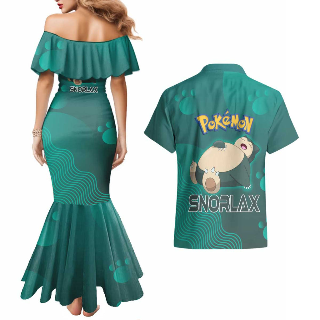 Snorlax Poké Couples Matching Mermaid Dress and Hawaiian Shirt Chill Mint Cartoon Bubble Style