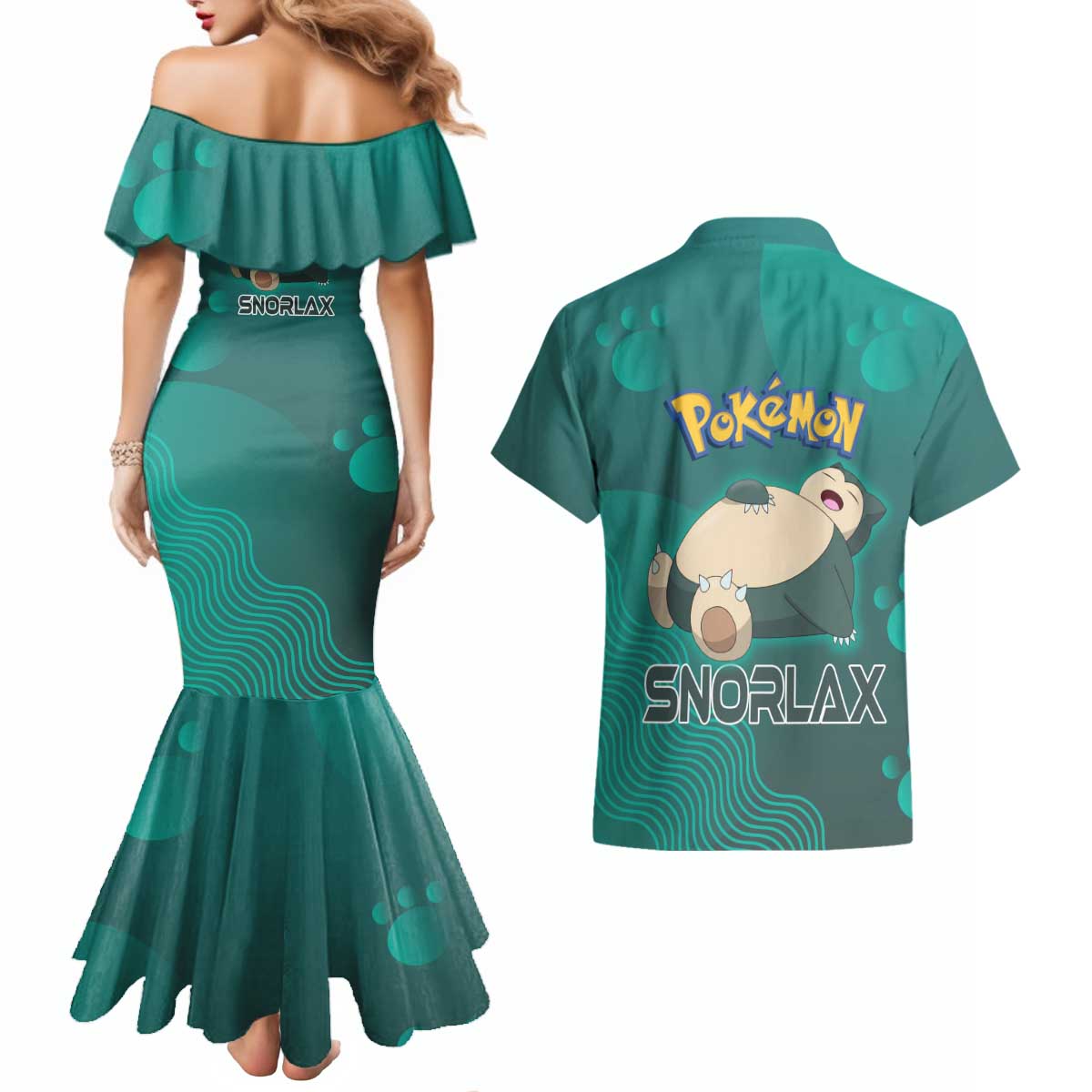 Snorlax Poké Couples Matching Mermaid Dress and Hawaiian Shirt Chill Mint Cartoon Bubble Style