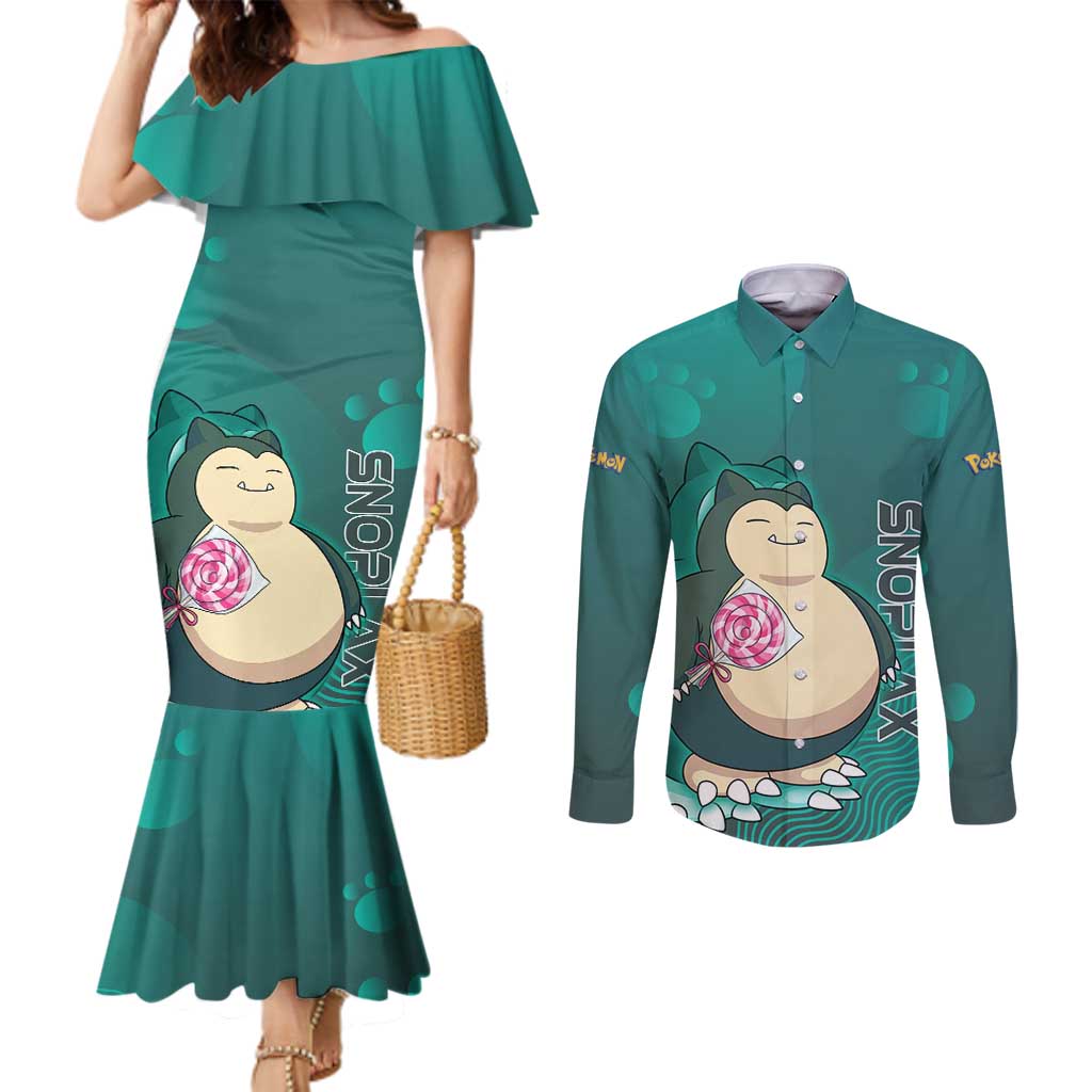 Snorlax Poké Couples Matching Mermaid Dress and Long Sleeve Button Shirt Chill Mint Cartoon Bubble Style