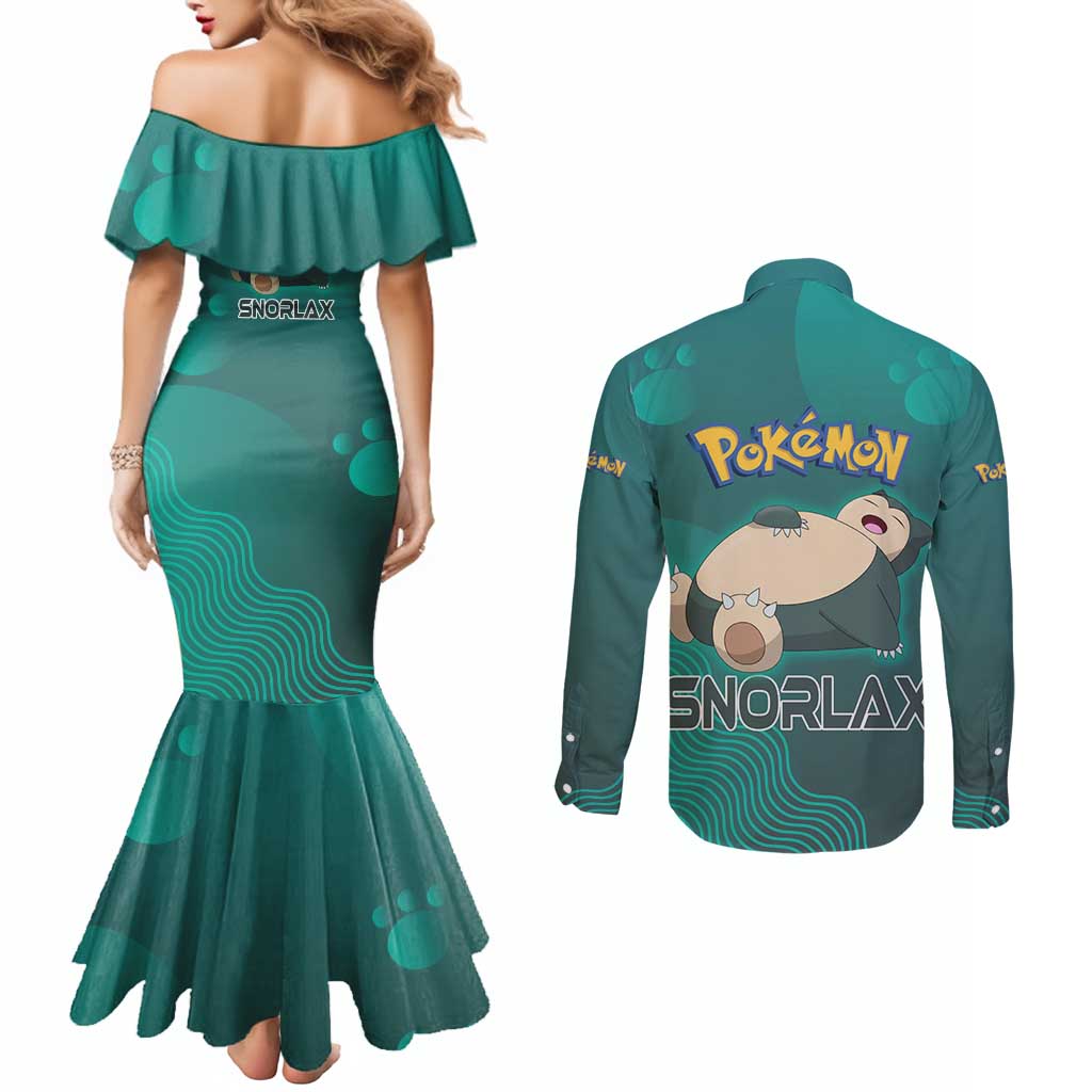 Snorlax Poké Couples Matching Mermaid Dress and Long Sleeve Button Shirt Chill Mint Cartoon Bubble Style