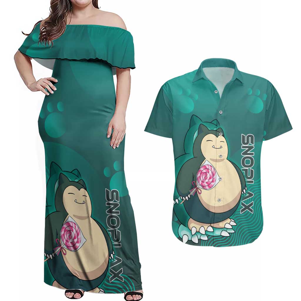 Snorlax Poké Couples Matching Off Shoulder Maxi Dress and Hawaiian Shirt Chill Mint Cartoon Bubble Style