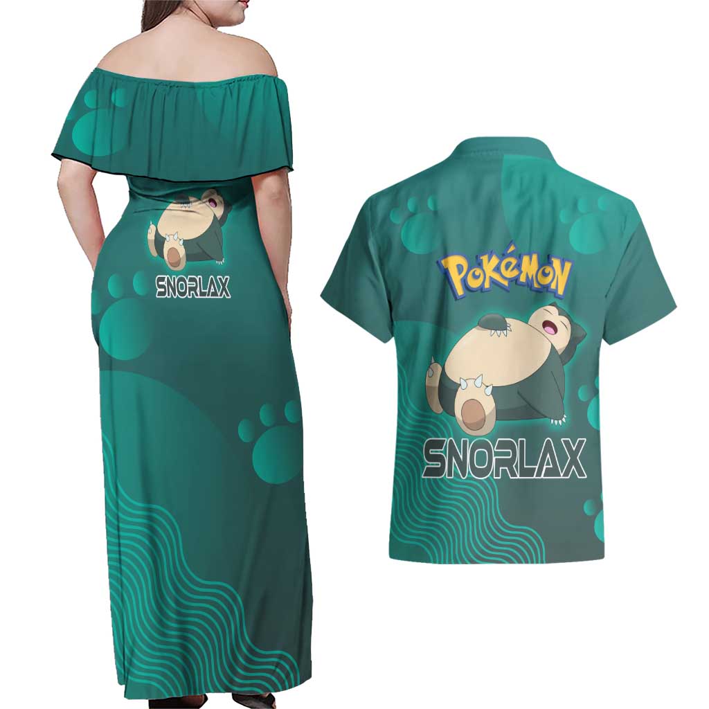 Snorlax Poké Couples Matching Off Shoulder Maxi Dress and Hawaiian Shirt Chill Mint Cartoon Bubble Style