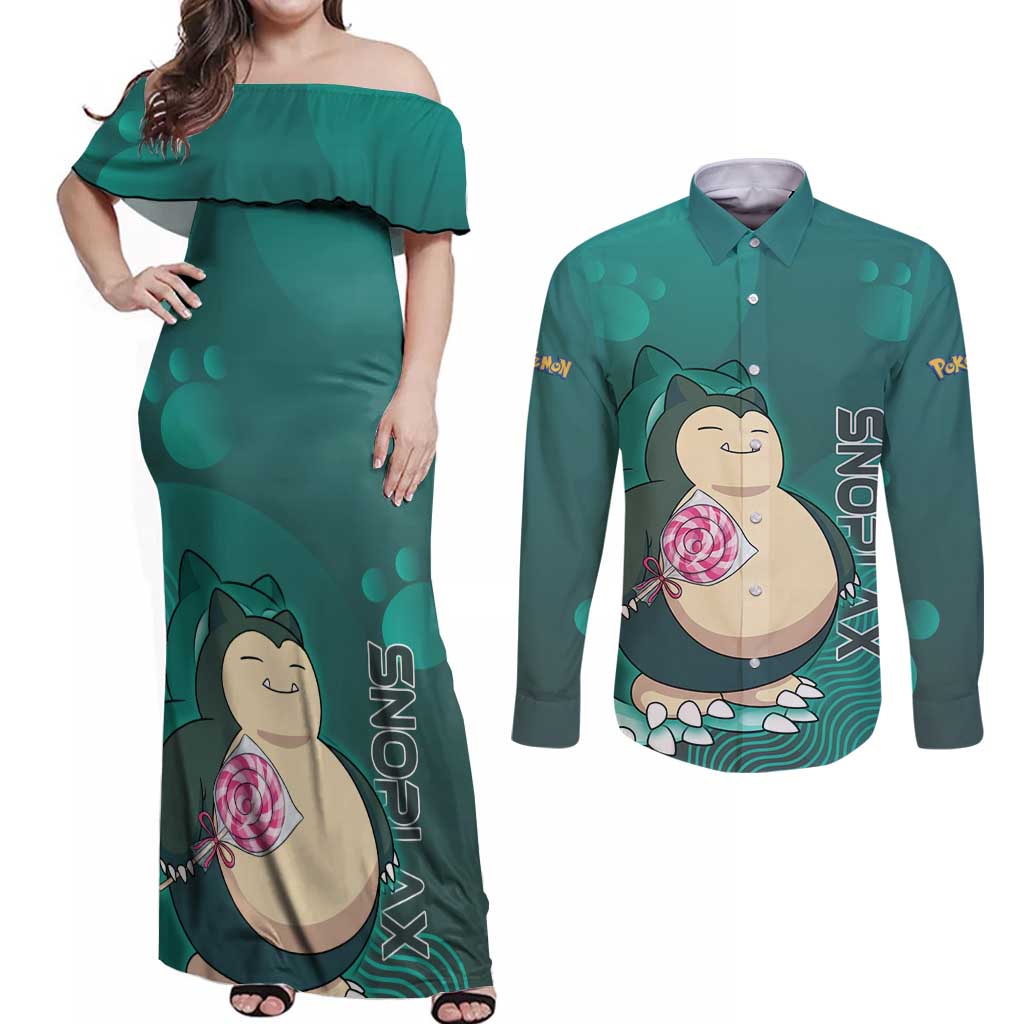 Snorlax Poké Couples Matching Off Shoulder Maxi Dress and Long Sleeve Button Shirt Chill Mint Cartoon Bubble Style