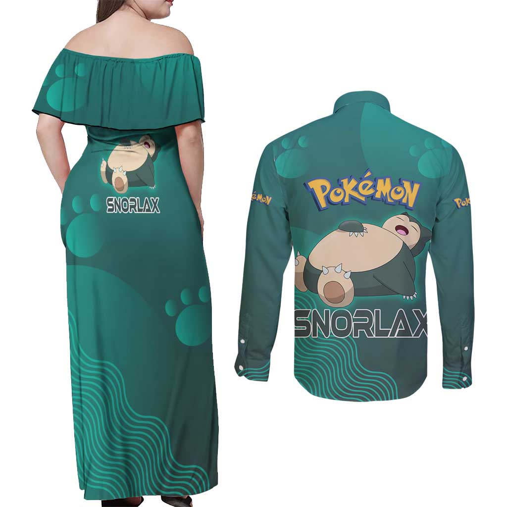 Snorlax Poké Couples Matching Off Shoulder Maxi Dress and Long Sleeve Button Shirt Chill Mint Cartoon Bubble Style