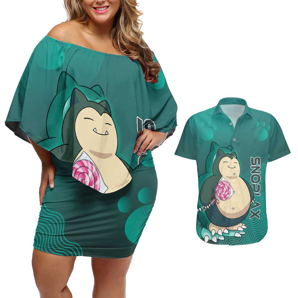 Snorlax Poké Couples Matching Off Shoulder Short Dress and Hawaiian Shirt Chill Mint Cartoon Bubble Style