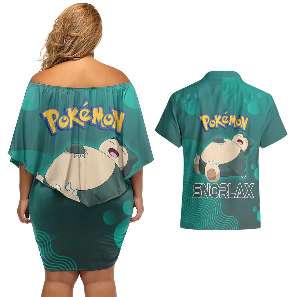 Snorlax Poké Couples Matching Off Shoulder Short Dress and Hawaiian Shirt Chill Mint Cartoon Bubble Style