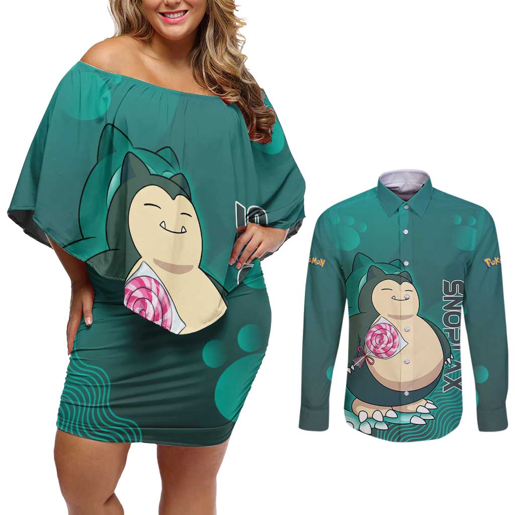 Snorlax Poké Couples Matching Off Shoulder Short Dress and Long Sleeve Button Shirt Chill Mint Cartoon Bubble Style