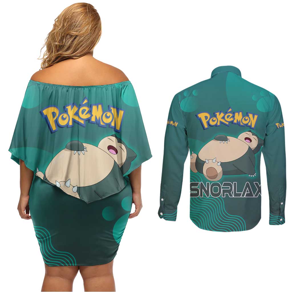Snorlax Poké Couples Matching Off Shoulder Short Dress and Long Sleeve Button Shirt Chill Mint Cartoon Bubble Style
