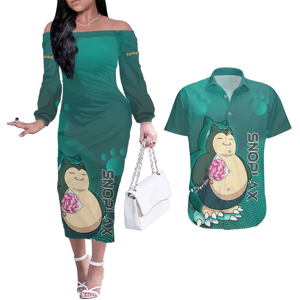Snorlax Poké Couples Matching Off The Shoulder Long Sleeve Dress and Hawaiian Shirt Chill Mint Cartoon Bubble Style