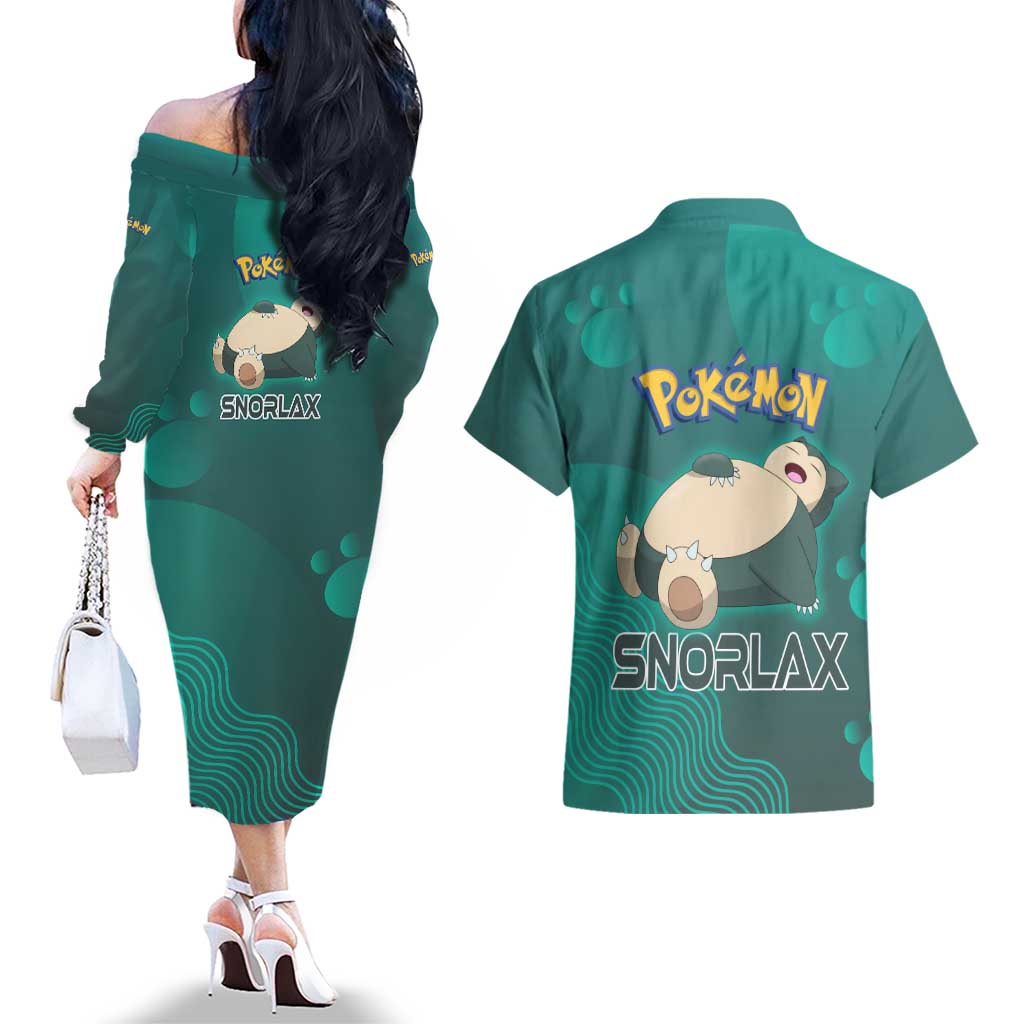 Snorlax Poké Couples Matching Off The Shoulder Long Sleeve Dress and Hawaiian Shirt Chill Mint Cartoon Bubble Style