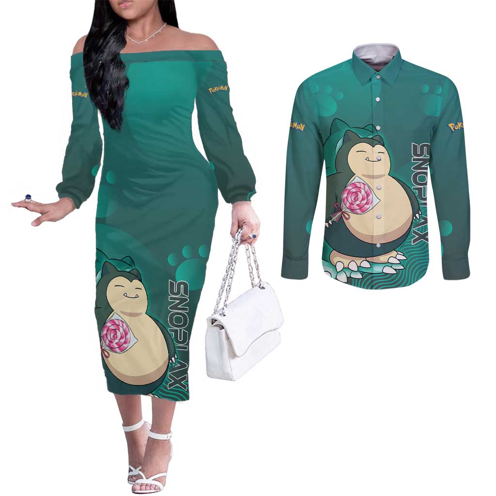 Snorlax Poké Couples Matching Off The Shoulder Long Sleeve Dress and Long Sleeve Button Shirt Chill Mint Cartoon Bubble Style