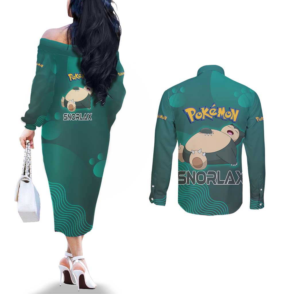 Snorlax Poké Couples Matching Off The Shoulder Long Sleeve Dress and Long Sleeve Button Shirt Chill Mint Cartoon Bubble Style