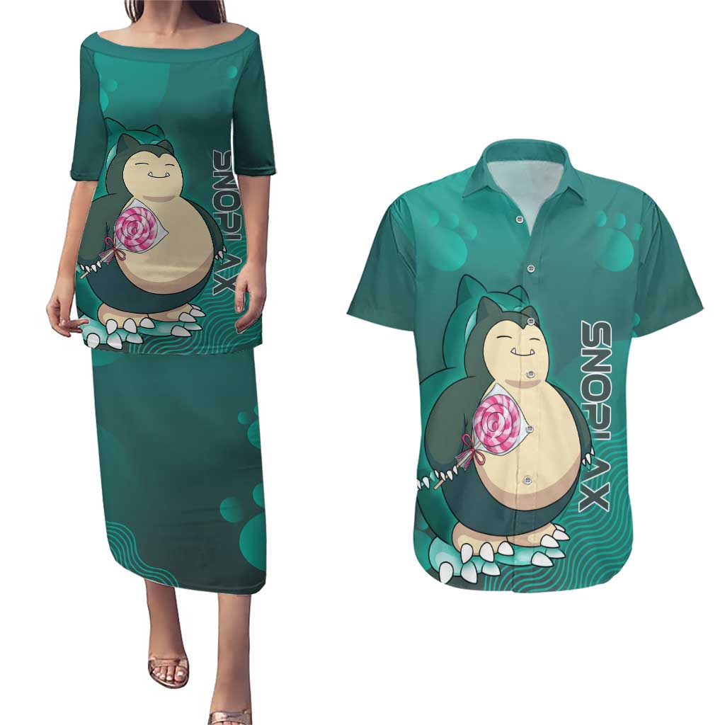 Snorlax Poké Couples Matching Puletasi and Hawaiian Shirt Chill Mint Cartoon Bubble Style