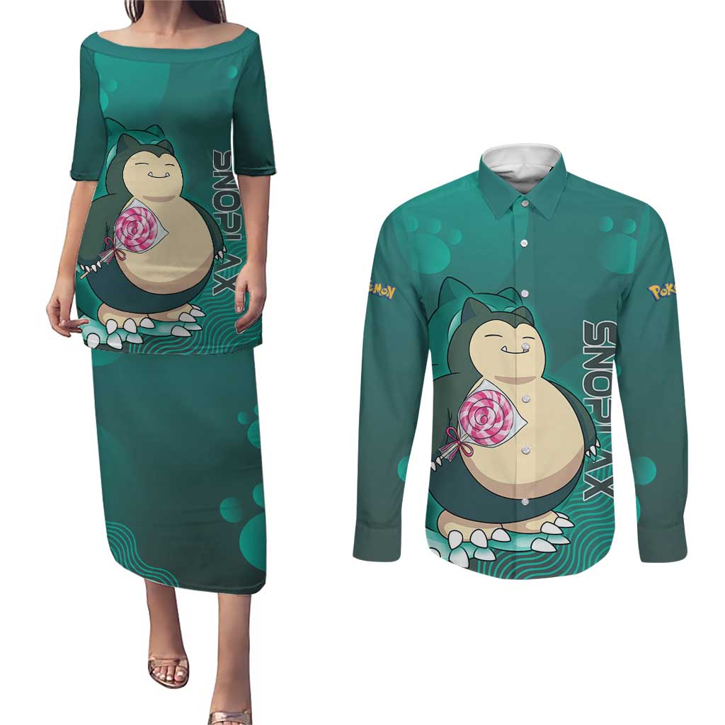 Snorlax Poké Couples Matching Puletasi and Long Sleeve Button Shirt Chill Mint Cartoon Bubble Style
