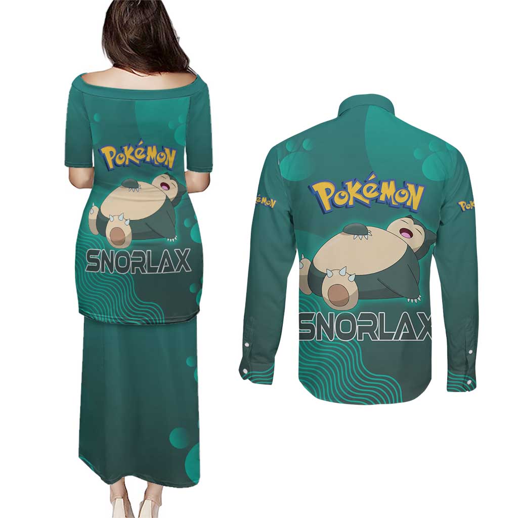 Snorlax Poké Couples Matching Puletasi and Long Sleeve Button Shirt Chill Mint Cartoon Bubble Style