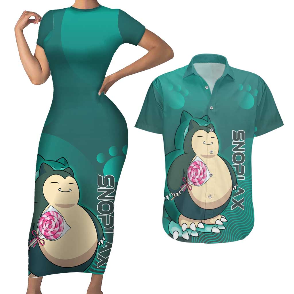 Snorlax Poké Couples Matching Short Sleeve Bodycon Dress and Hawaiian Shirt Chill Mint Cartoon Bubble Style