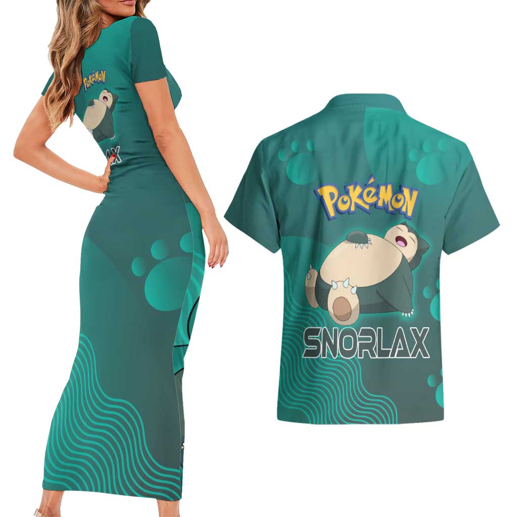Snorlax Poké Couples Matching Short Sleeve Bodycon Dress and Hawaiian Shirt Chill Mint Cartoon Bubble Style