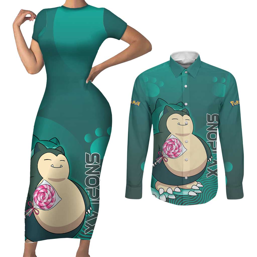 Snorlax Poké Couples Matching Short Sleeve Bodycon Dress and Long Sleeve Button Shirt Chill Mint Cartoon Bubble Style