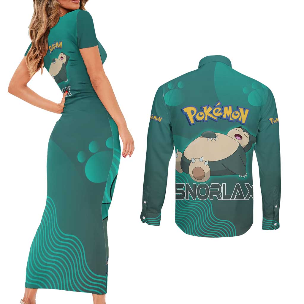 Snorlax Poké Couples Matching Short Sleeve Bodycon Dress and Long Sleeve Button Shirt Chill Mint Cartoon Bubble Style