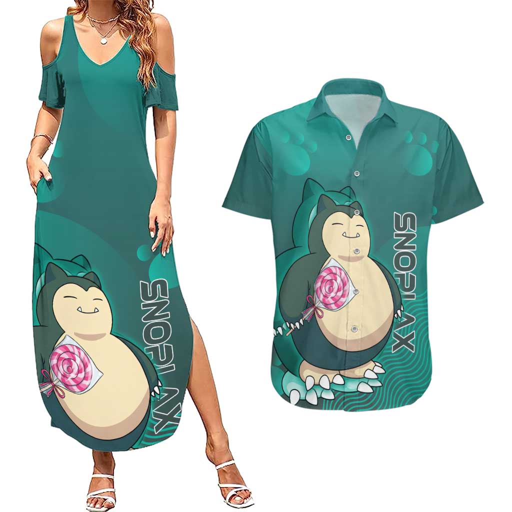 Snorlax Poké Couples Matching Summer Maxi Dress and Hawaiian Shirt Chill Mint Cartoon Bubble Style
