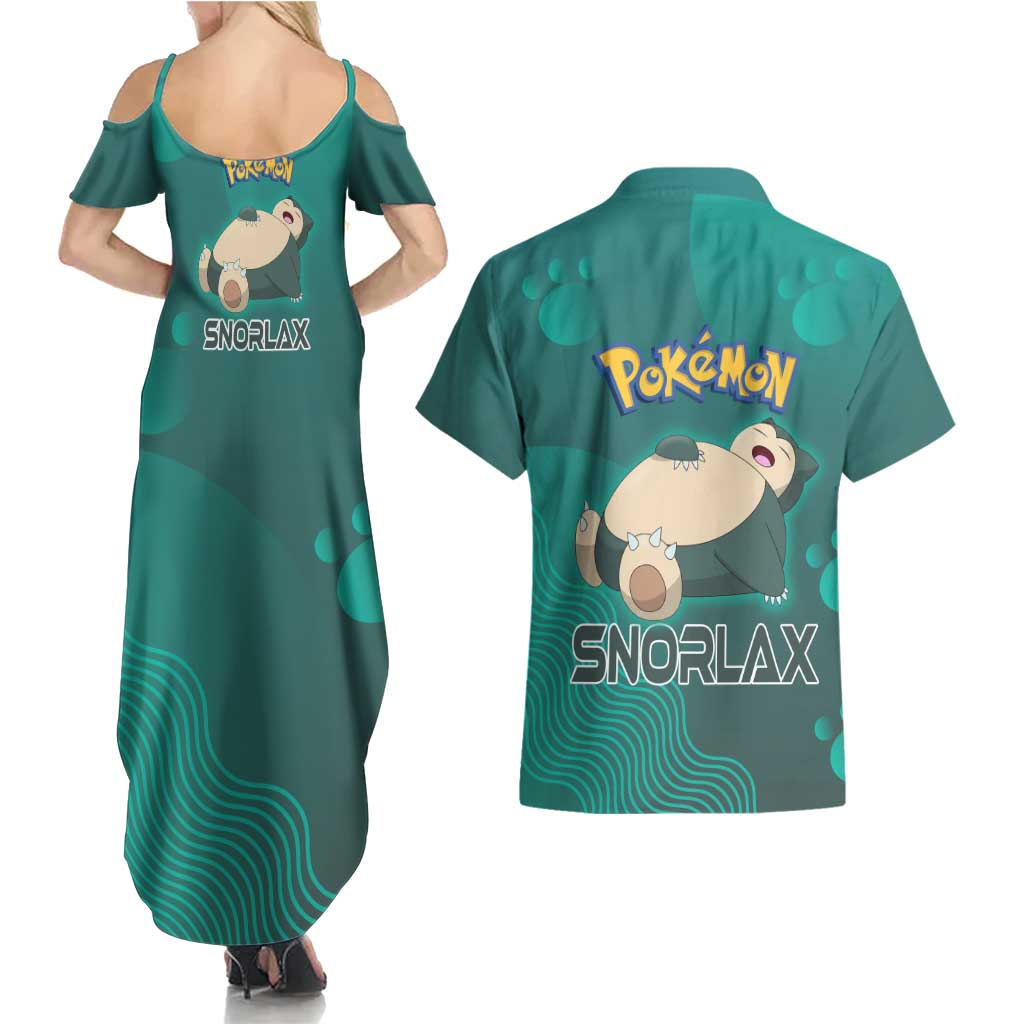 Snorlax Poké Couples Matching Summer Maxi Dress and Hawaiian Shirt Chill Mint Cartoon Bubble Style