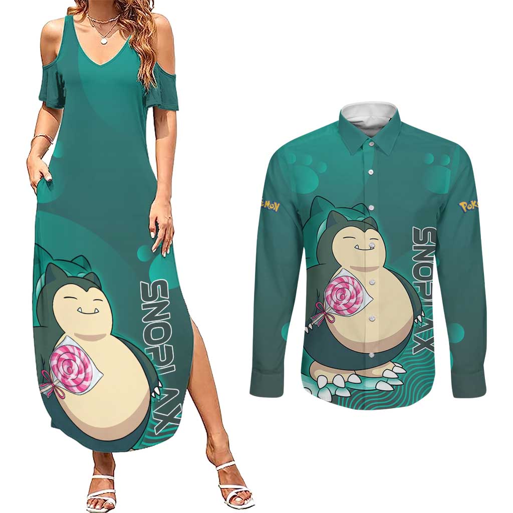Snorlax Poké Couples Matching Summer Maxi Dress and Long Sleeve Button Shirt Chill Mint Cartoon Bubble Style
