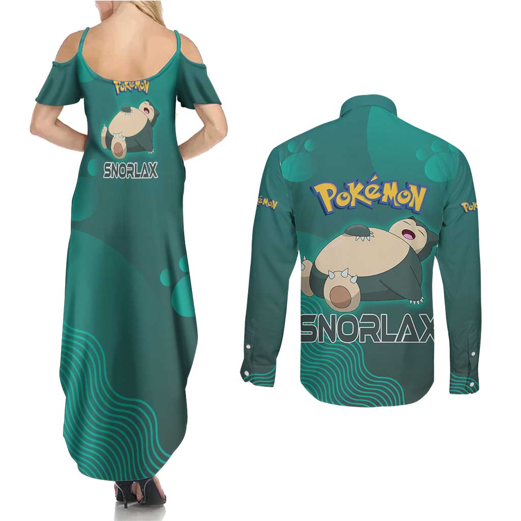 Snorlax Poké Couples Matching Summer Maxi Dress and Long Sleeve Button Shirt Chill Mint Cartoon Bubble Style