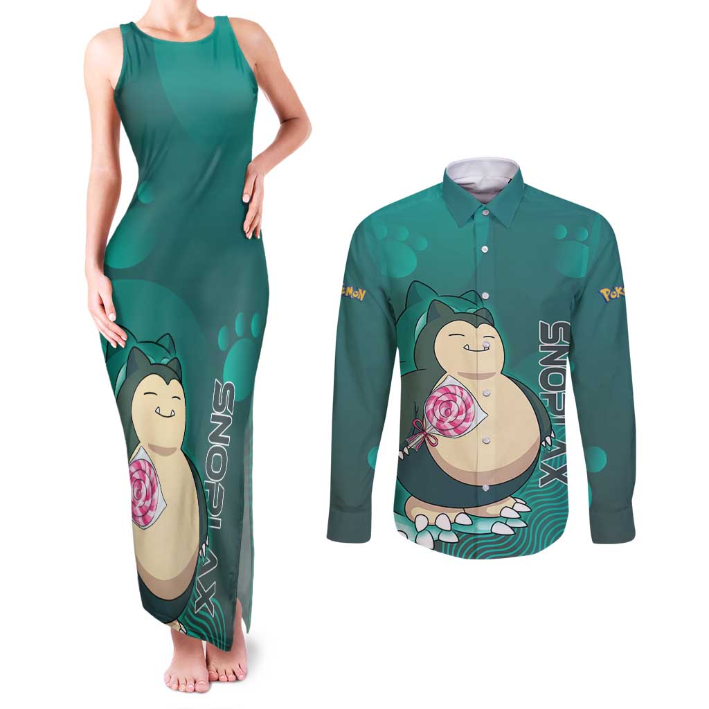 Snorlax Poké Couples Matching Tank Maxi Dress and Long Sleeve Button Shirt Chill Mint Cartoon Bubble Style