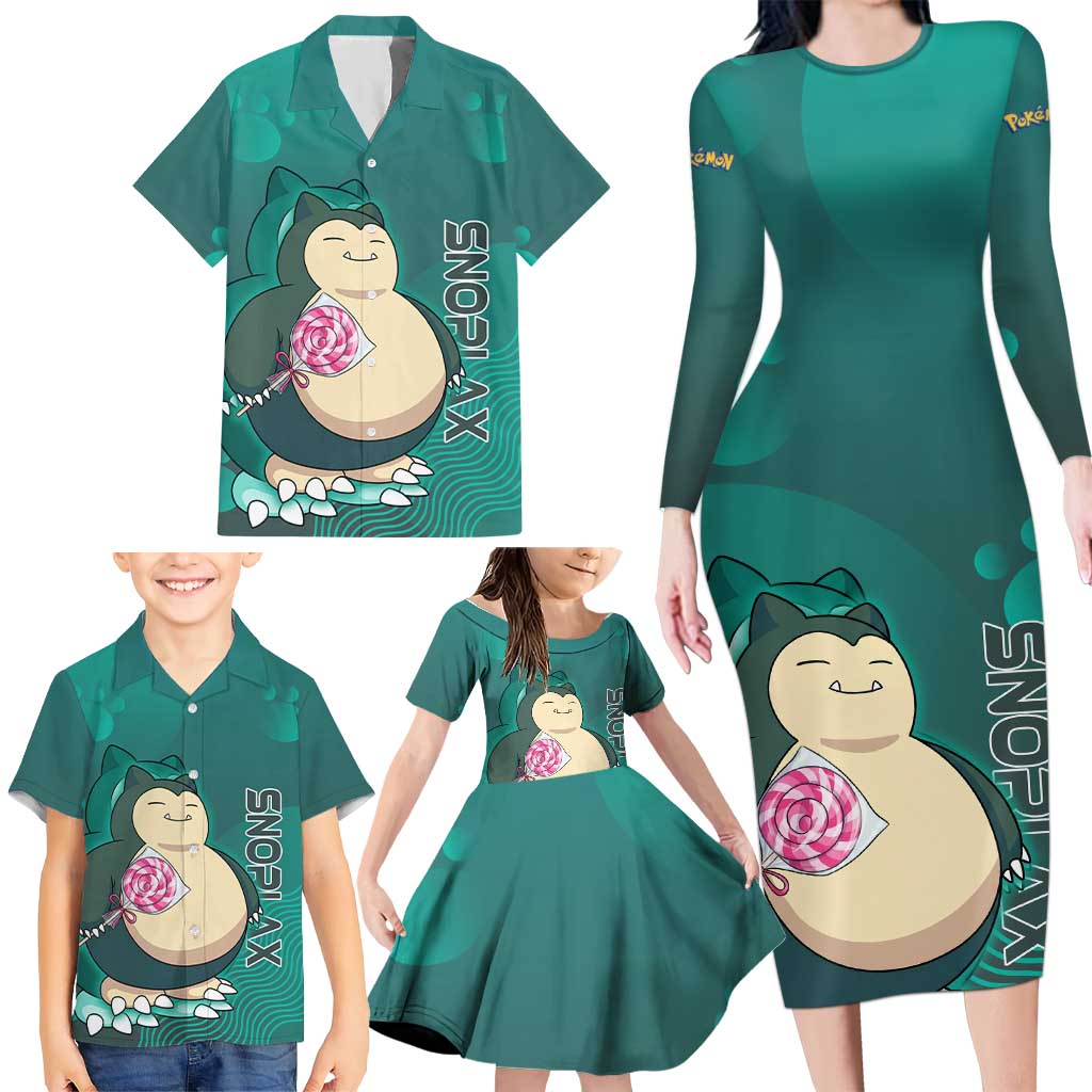 Snorlax Poké Family Matching Long Sleeve Bodycon Dress and Hawaiian Shirt Chill Mint Cartoon Bubble Style