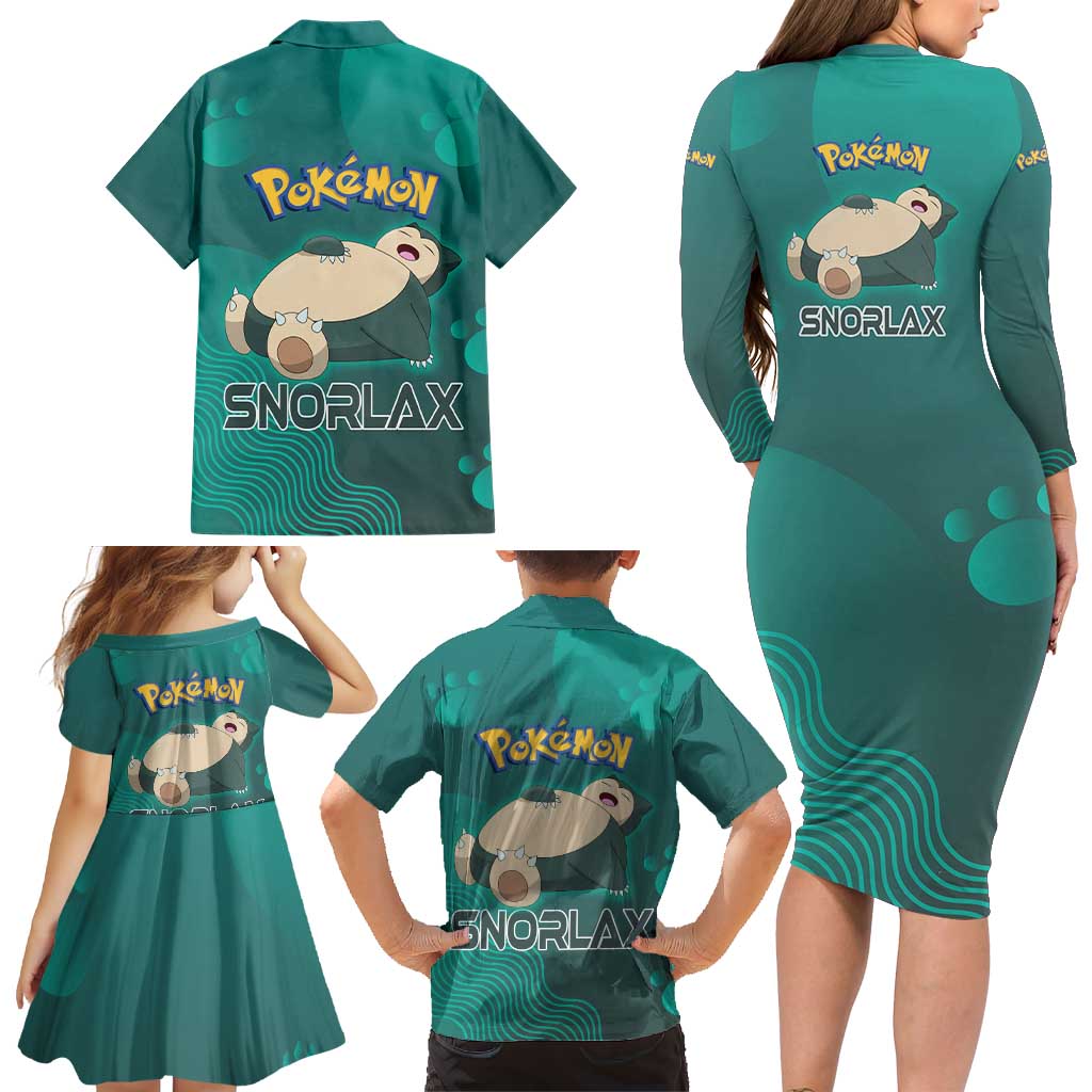 Snorlax Poké Family Matching Long Sleeve Bodycon Dress and Hawaiian Shirt Chill Mint Cartoon Bubble Style
