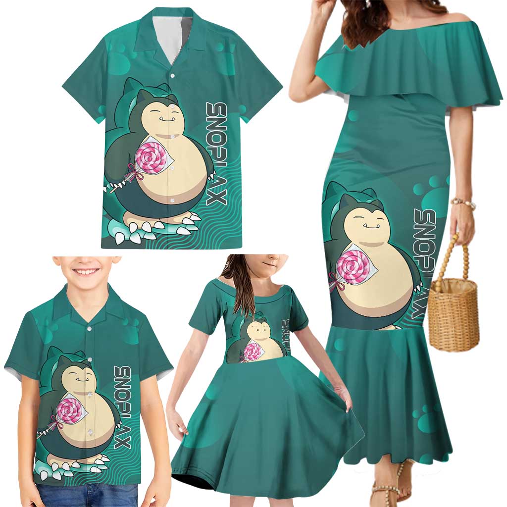 Snorlax Poké Family Matching Mermaid Dress and Hawaiian Shirt Chill Mint Cartoon Bubble Style