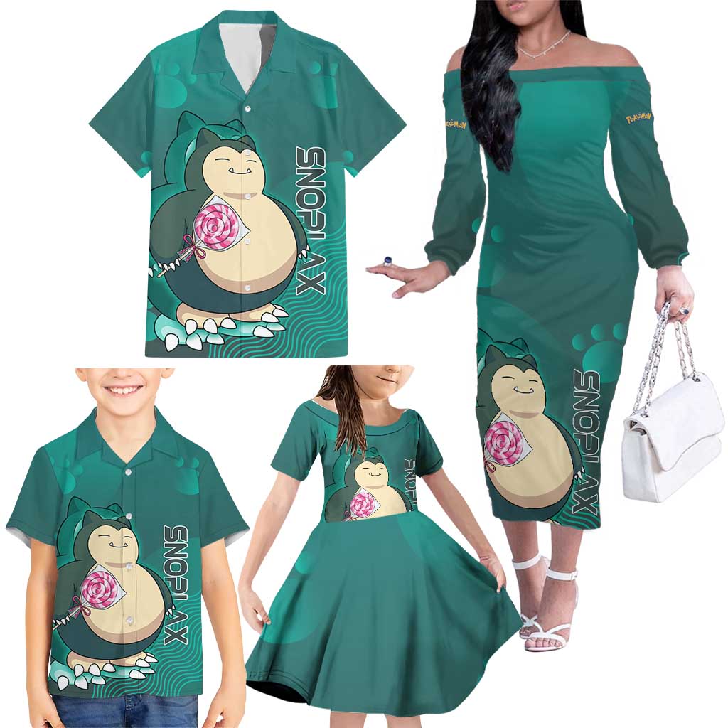 Snorlax Poké Family Matching Off The Shoulder Long Sleeve Dress and Hawaiian Shirt Chill Mint Cartoon Bubble Style