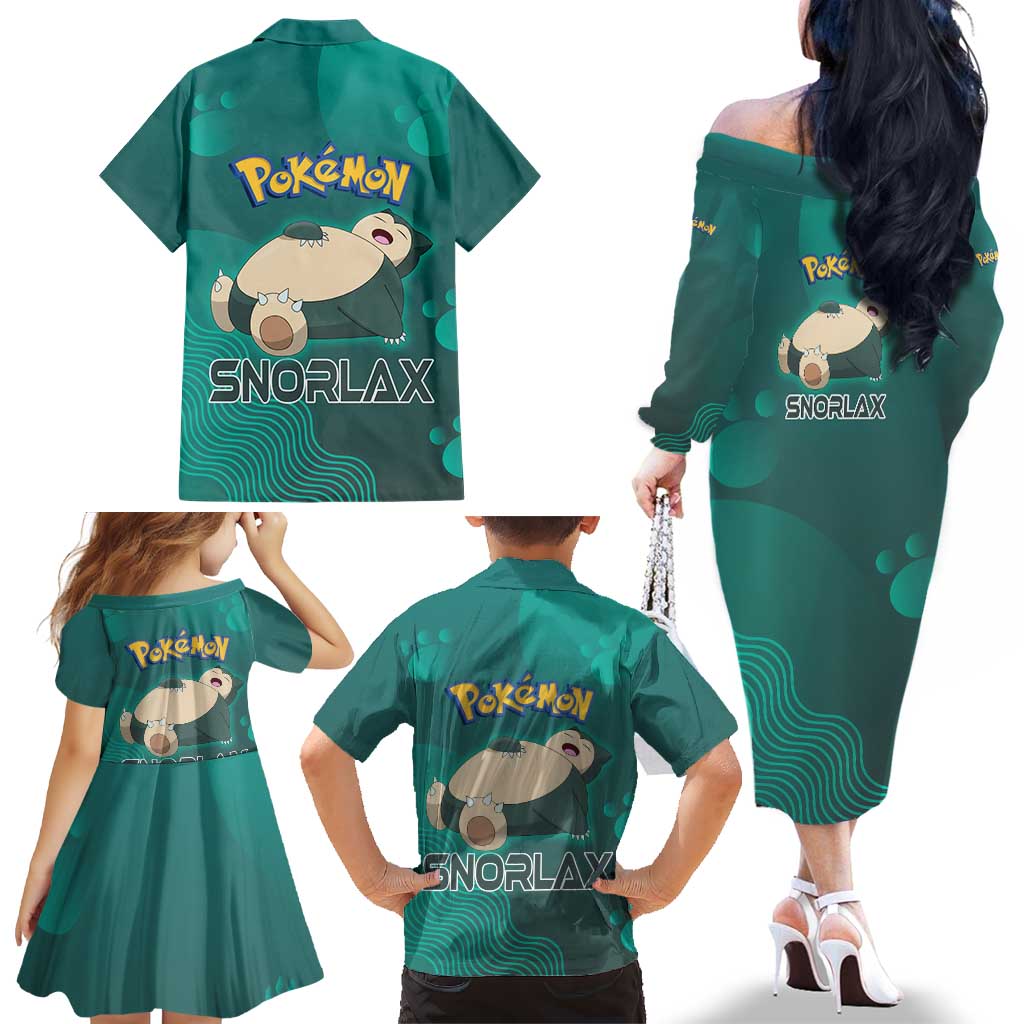 Snorlax Poké Family Matching Off The Shoulder Long Sleeve Dress and Hawaiian Shirt Chill Mint Cartoon Bubble Style