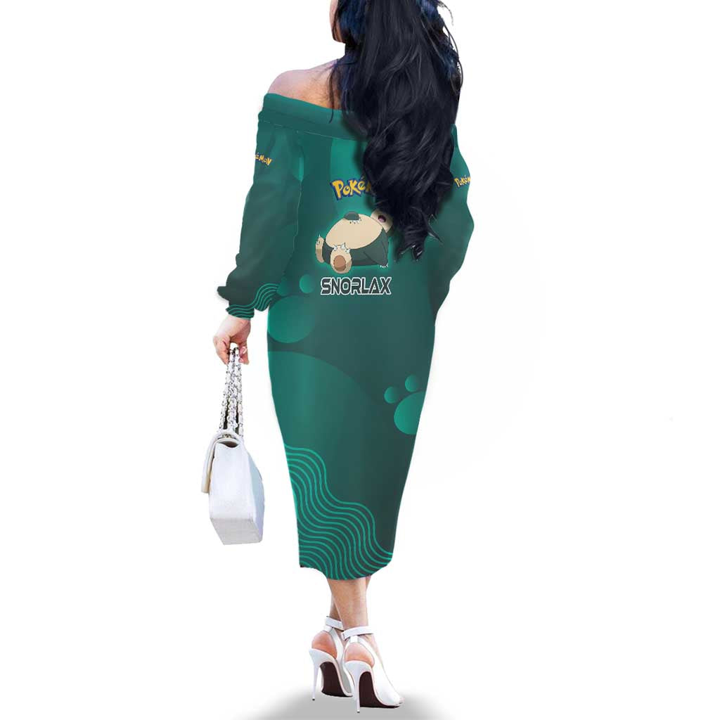Snorlax Poké Family Matching Off The Shoulder Long Sleeve Dress and Hawaiian Shirt Chill Mint Cartoon Bubble Style