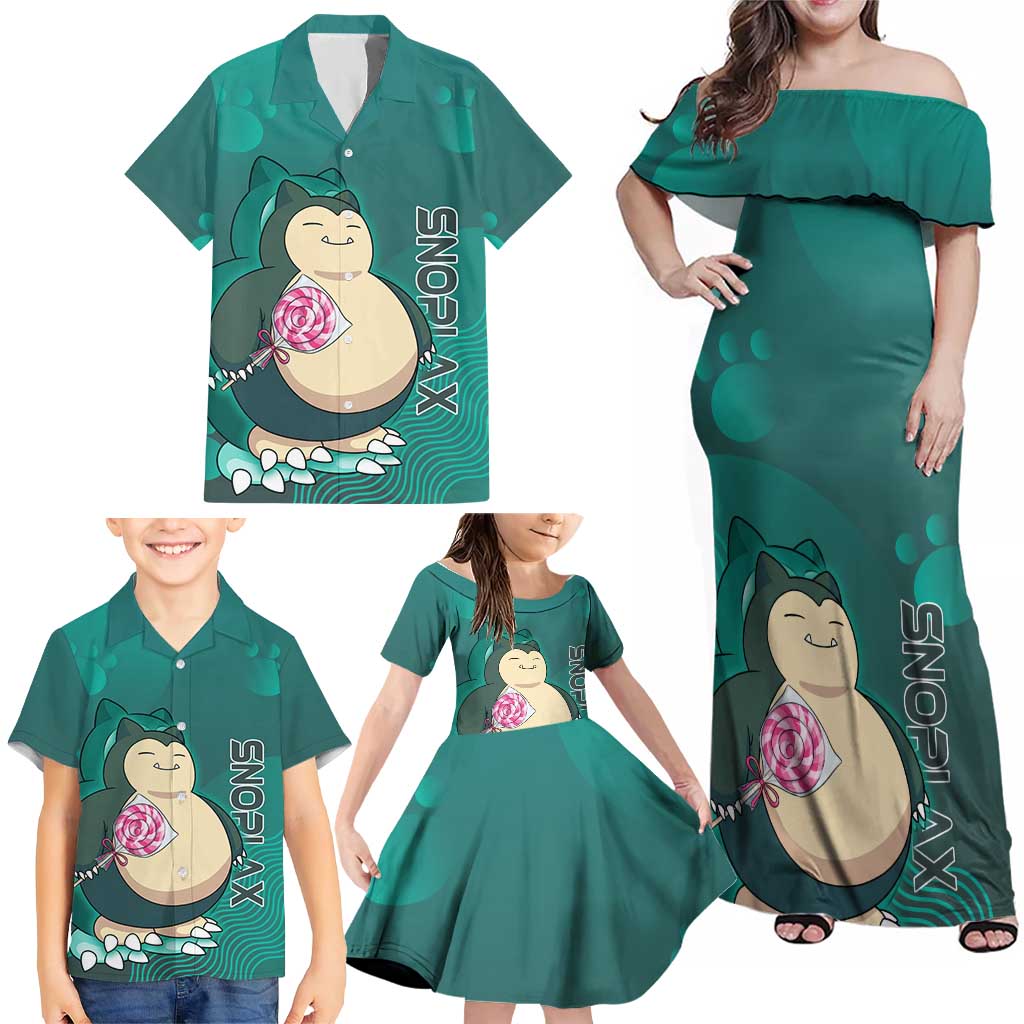 Snorlax Poké Family Matching Off Shoulder Maxi Dress and Hawaiian Shirt Chill Mint Cartoon Bubble Style