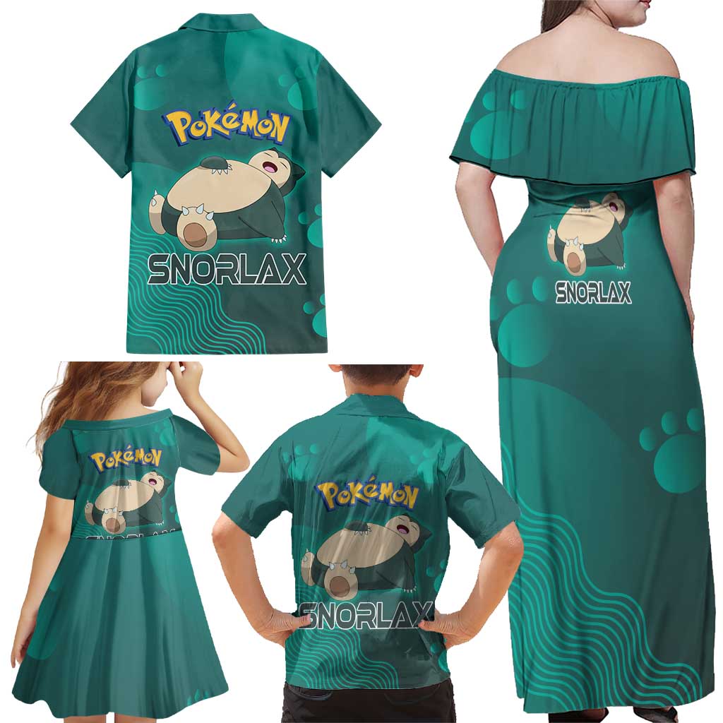 Snorlax Poké Family Matching Off Shoulder Maxi Dress and Hawaiian Shirt Chill Mint Cartoon Bubble Style