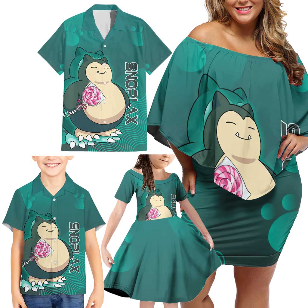 Snorlax Poké Family Matching Off Shoulder Short Dress and Hawaiian Shirt Chill Mint Cartoon Bubble Style