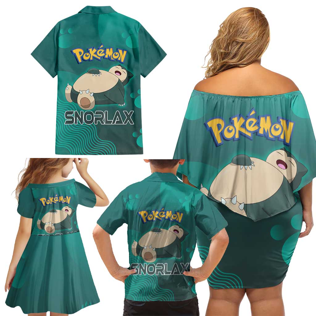Snorlax Poké Family Matching Off Shoulder Short Dress and Hawaiian Shirt Chill Mint Cartoon Bubble Style