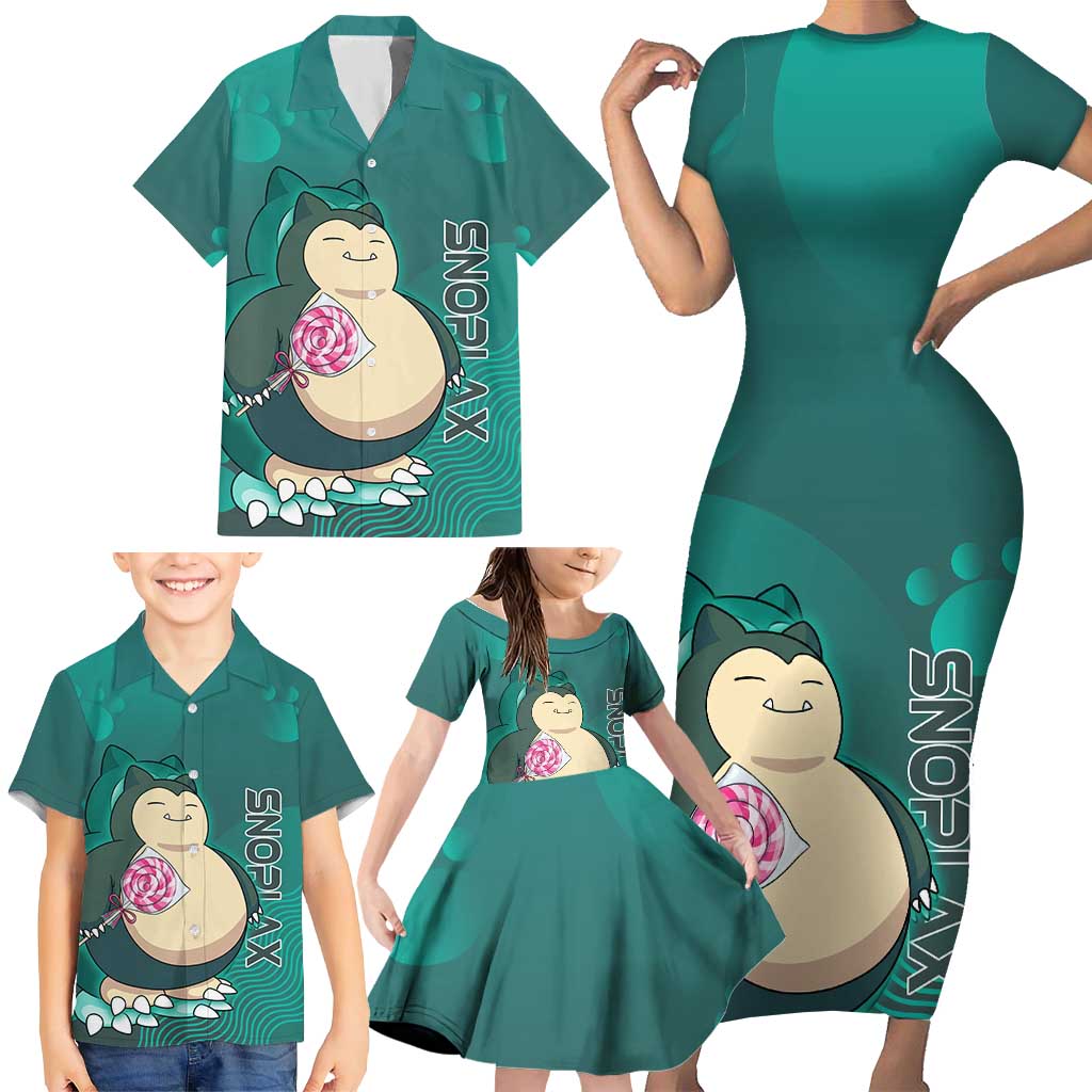 Snorlax Poké Family Matching Short Sleeve Bodycon Dress and Hawaiian Shirt Chill Mint Cartoon Bubble Style