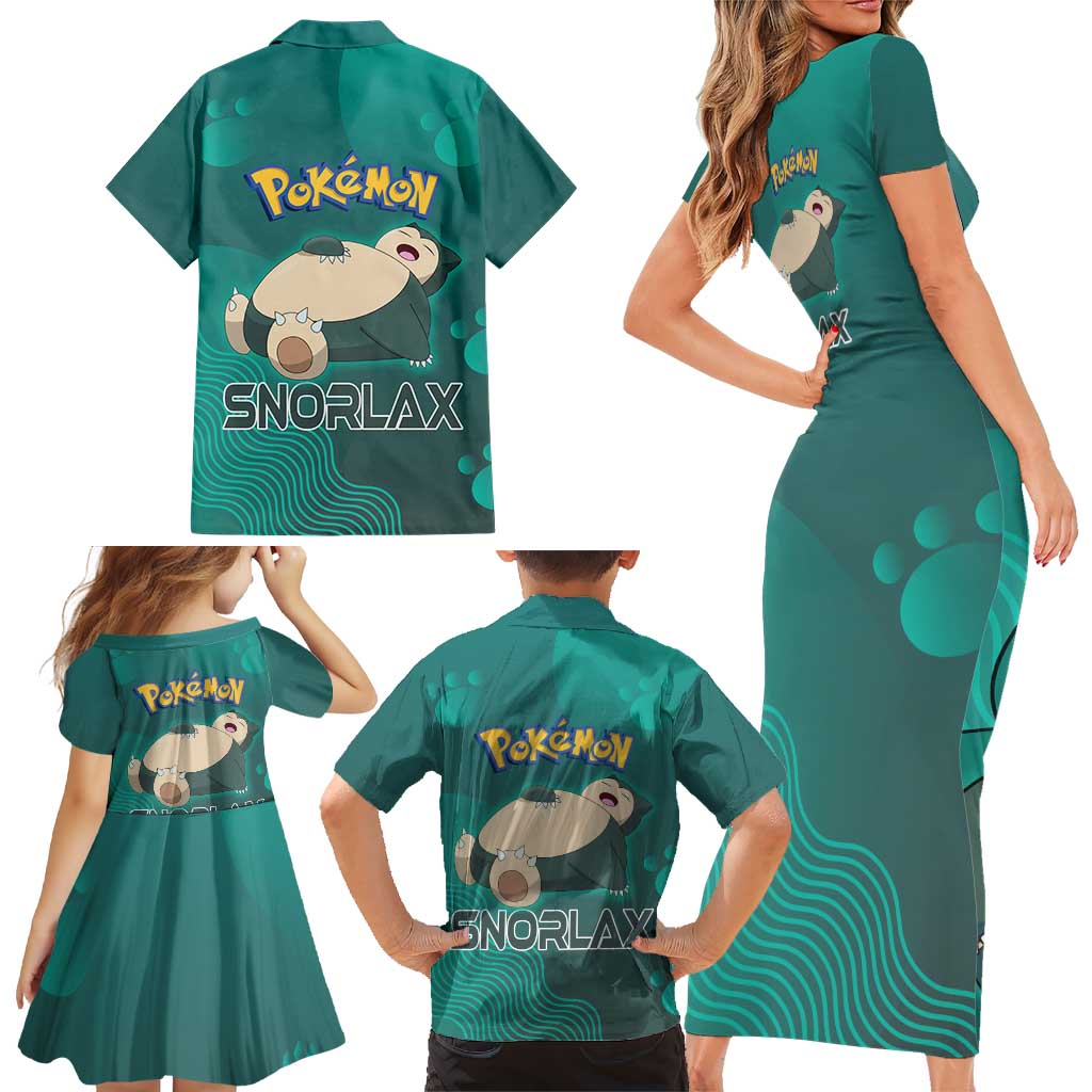Snorlax Poké Family Matching Short Sleeve Bodycon Dress and Hawaiian Shirt Chill Mint Cartoon Bubble Style