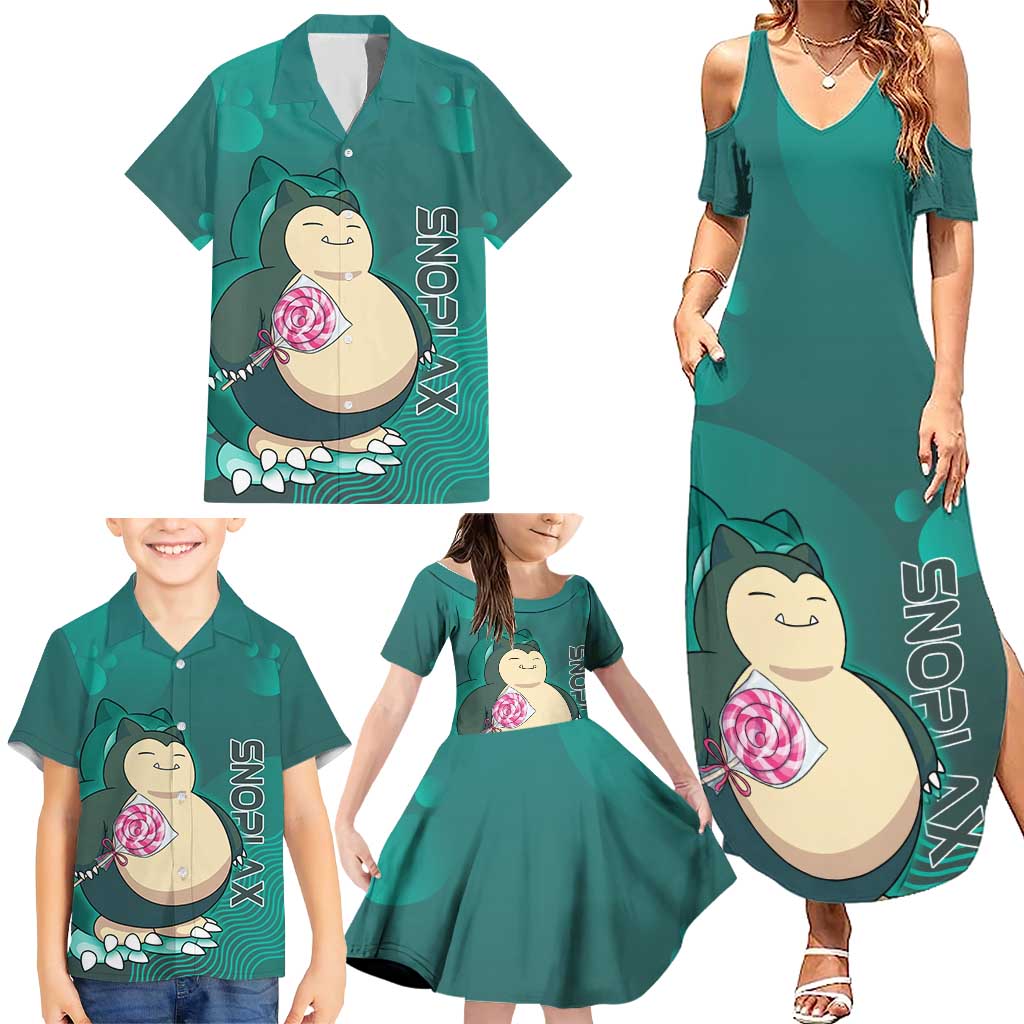 Snorlax Poké Family Matching Summer Maxi Dress and Hawaiian Shirt Chill Mint Cartoon Bubble Style