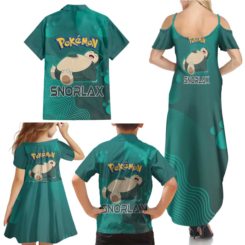 Snorlax Poké Family Matching Summer Maxi Dress and Hawaiian Shirt Chill Mint Cartoon Bubble Style
