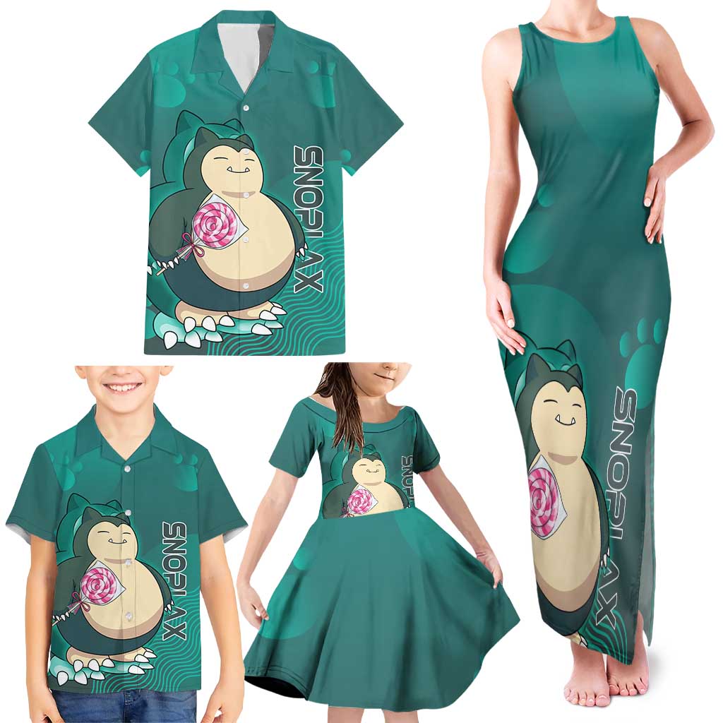 Snorlax Poké Family Matching Tank Maxi Dress and Hawaiian Shirt Chill Mint Cartoon Bubble Style