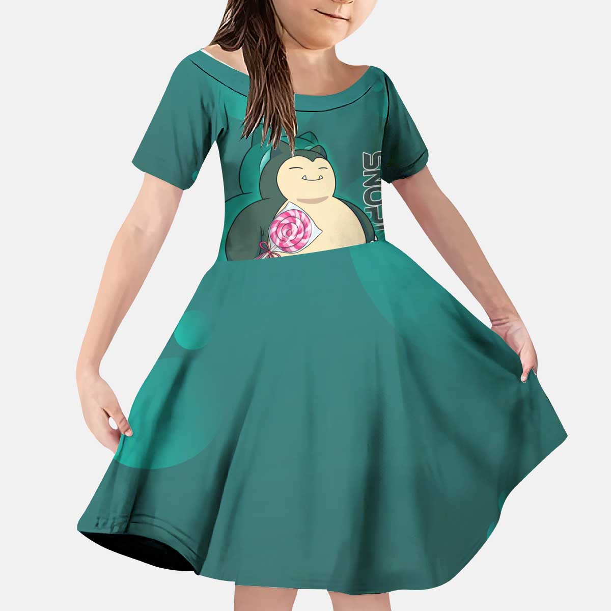Snorlax Poké Kid Short Sleeve Dress Chill Mint Cartoon Bubble Style