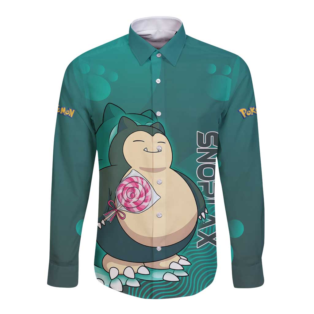 Snorlax Poké Long Sleeve Button Shirt Chill Mint Cartoon Bubble Style