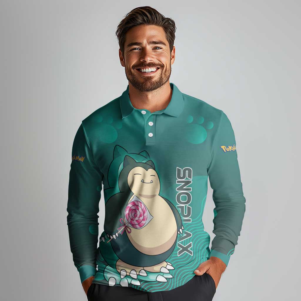 Snorlax Poké Long Sleeve Polo Shirt Chill Mint Cartoon Bubble Style