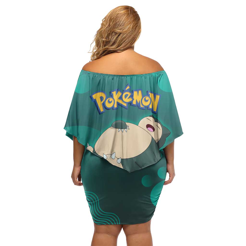 Snorlax Poké Off Shoulder Short Dress Chill Mint Cartoon Bubble Style