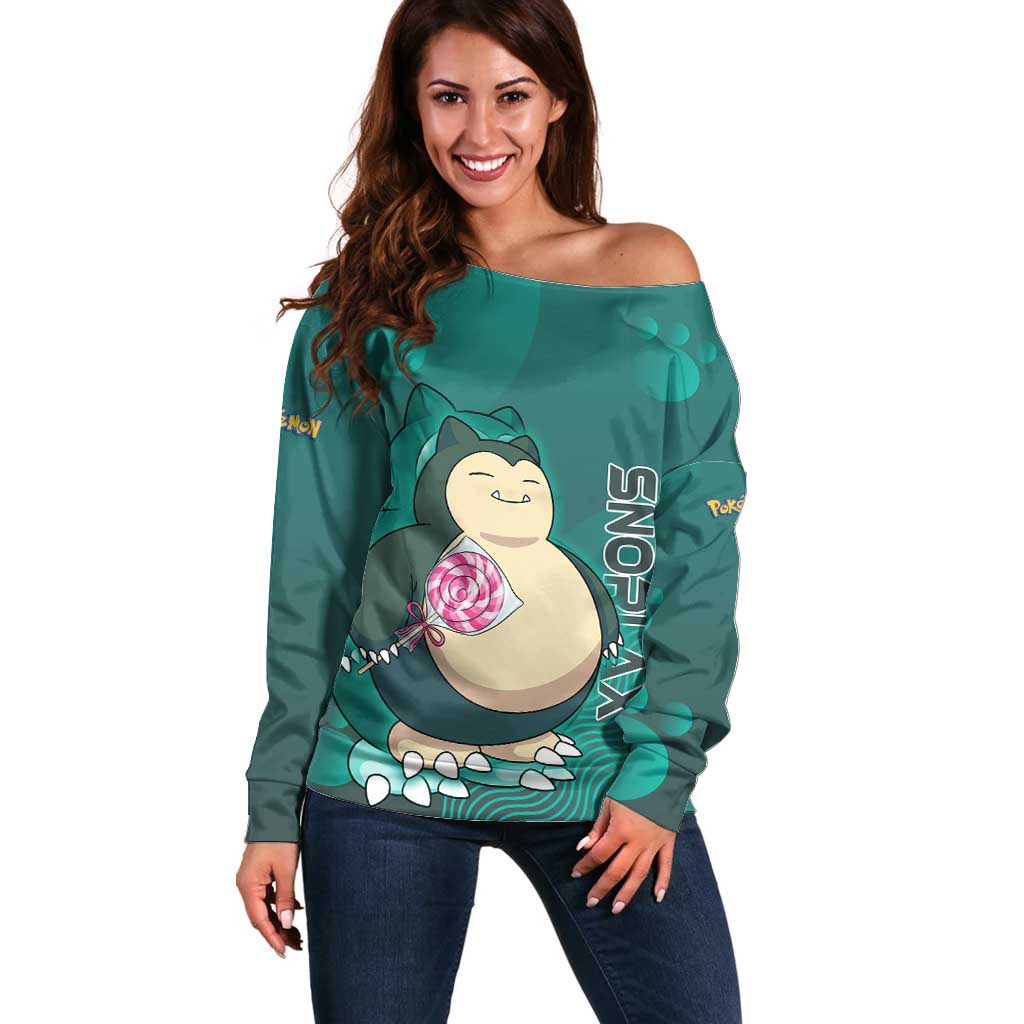 Snorlax Poké Off Shoulder Sweater Chill Mint Cartoon Bubble Style