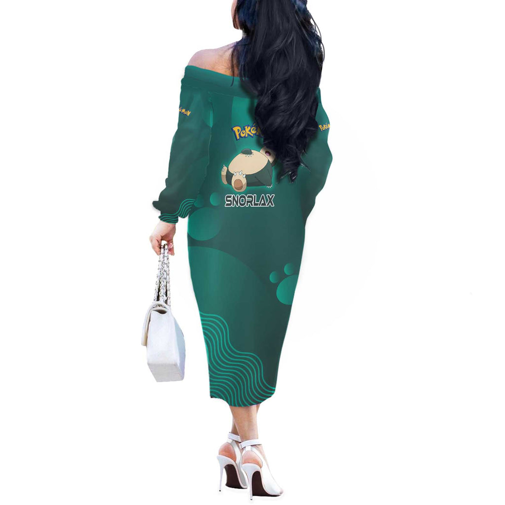 Snorlax Poké Off The Shoulder Long Sleeve Dress Chill Mint Cartoon Bubble Style